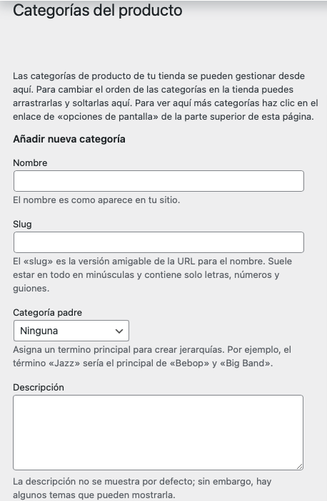 Vista de Categorías de Producto